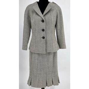 Talbots Petites Herringbone Pleated Skirt & Jacket Suit Set 6P Gray Wool Blend